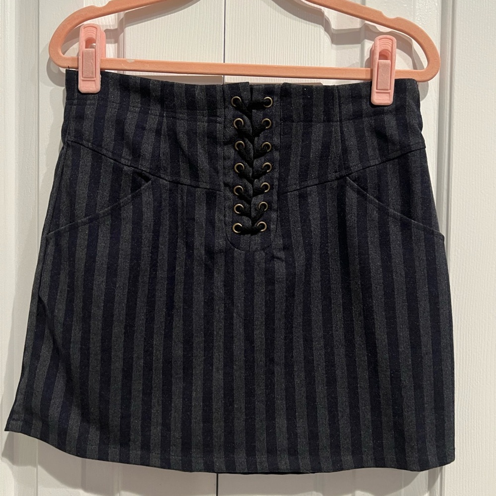 HeartLoom Navy and Charcoal Striped Skirt with Lace-Up Detail